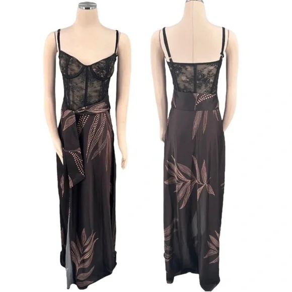 KATIE May Shannon Lace Bustier Tie Wrap Maxi Dress Gown Semi Sheer Size Large - Picture 5 of 15